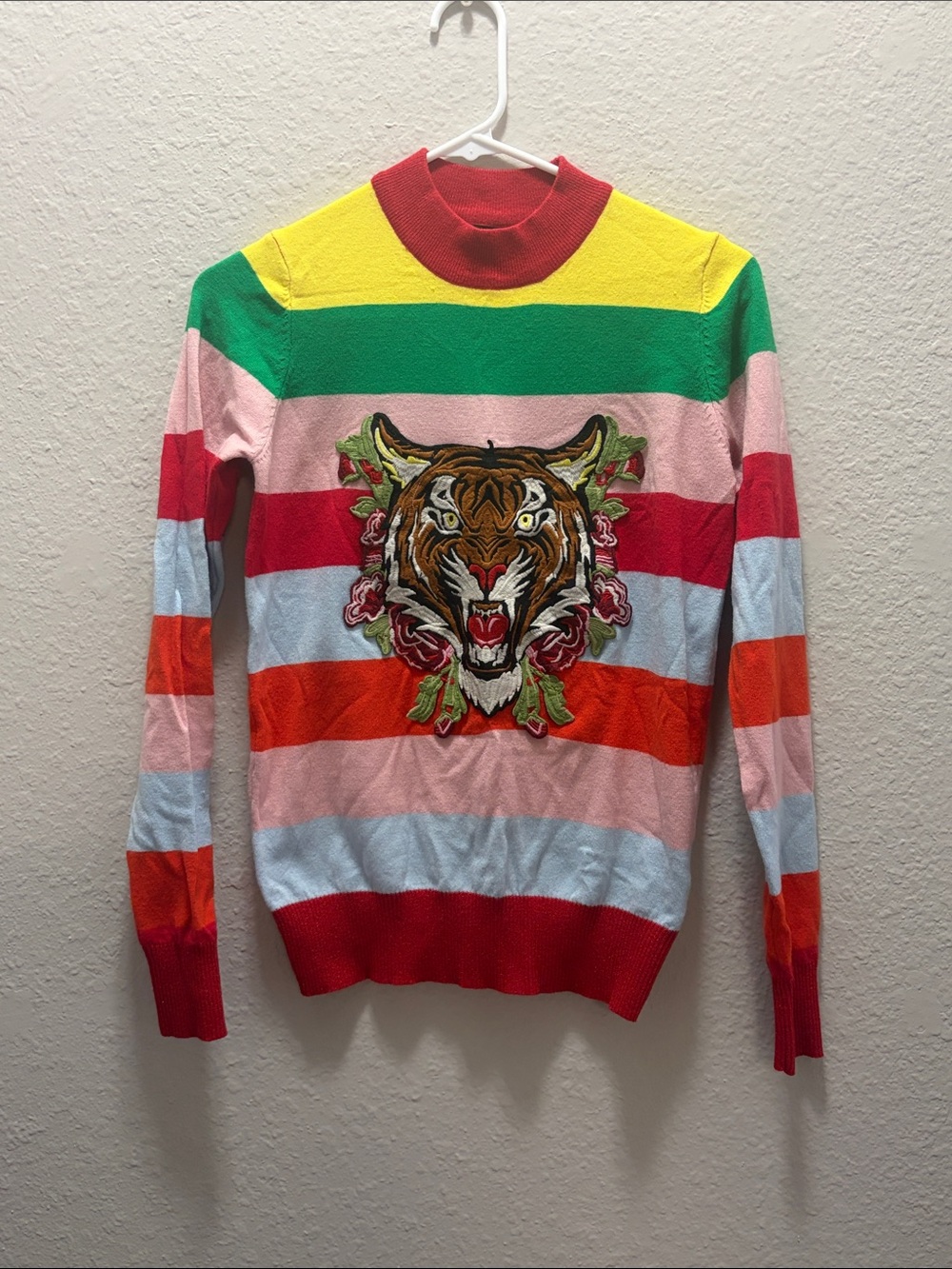 Fashion Nova Multicolor Striped Crewneck Sweater with Tiger Applique